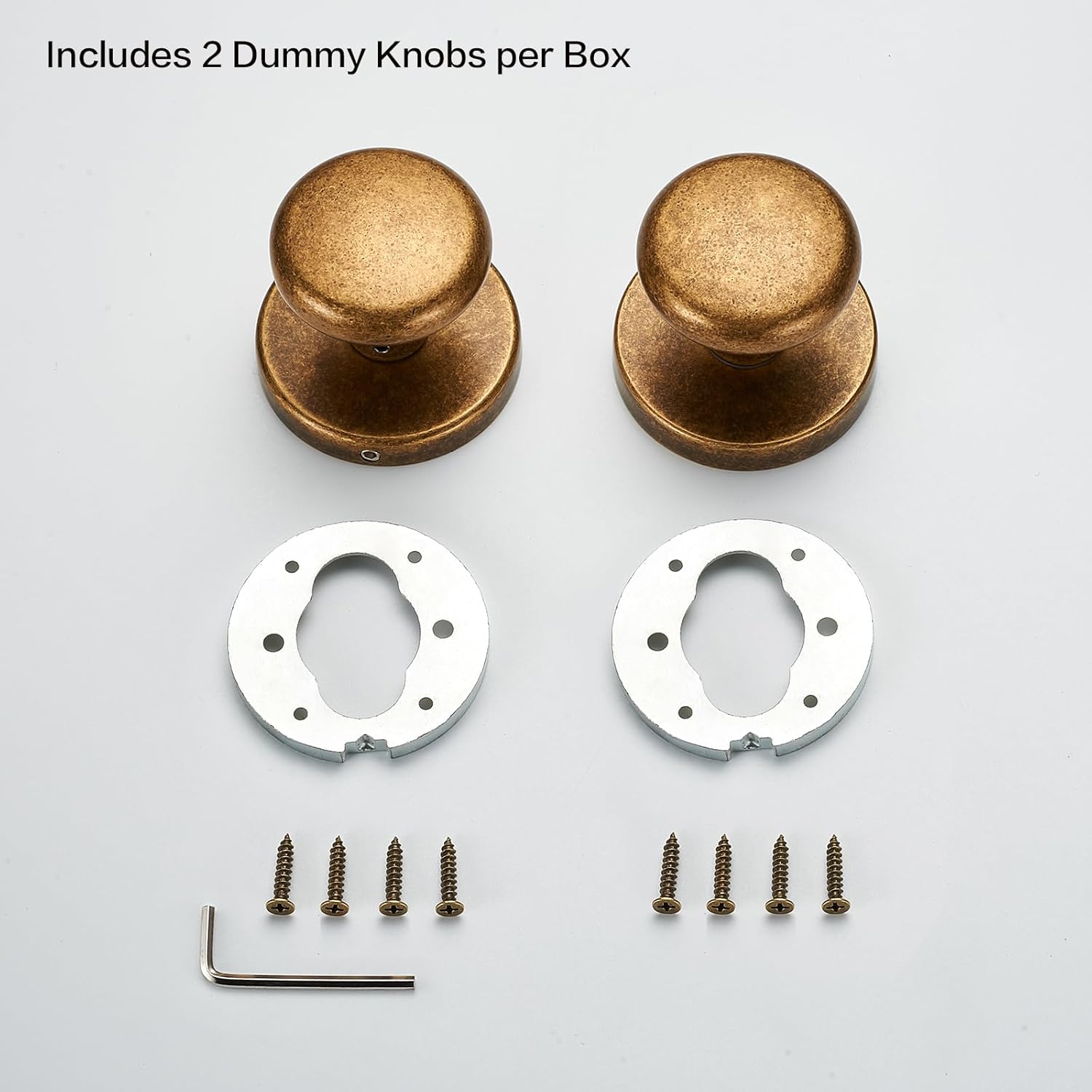 Rotating Dummy Door Knob Set – 2 Pack Antique Brass Round Decorative Knobs for Closet, Double Door, French Cabinet, Vintage Style Surface-Mount Handle with Smooth Rotation