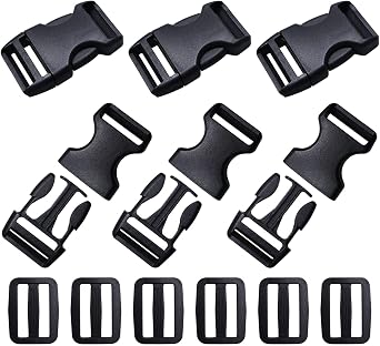 6 Sets 25mm Plastic Side Release Buckles with Tri Glide Sliders, Adjustable Slide Buckle for Backpack, Handbag, Luggage, Strap - Black