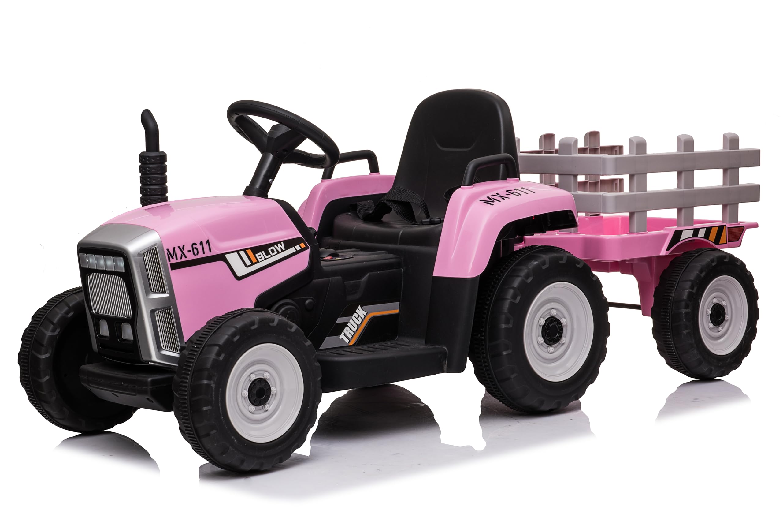 FINOOS 12V Tracteur Électrique Enfants avec Pelle & Remorque Amovible, Télécommande 2,4G, 2-6km/h, Rose