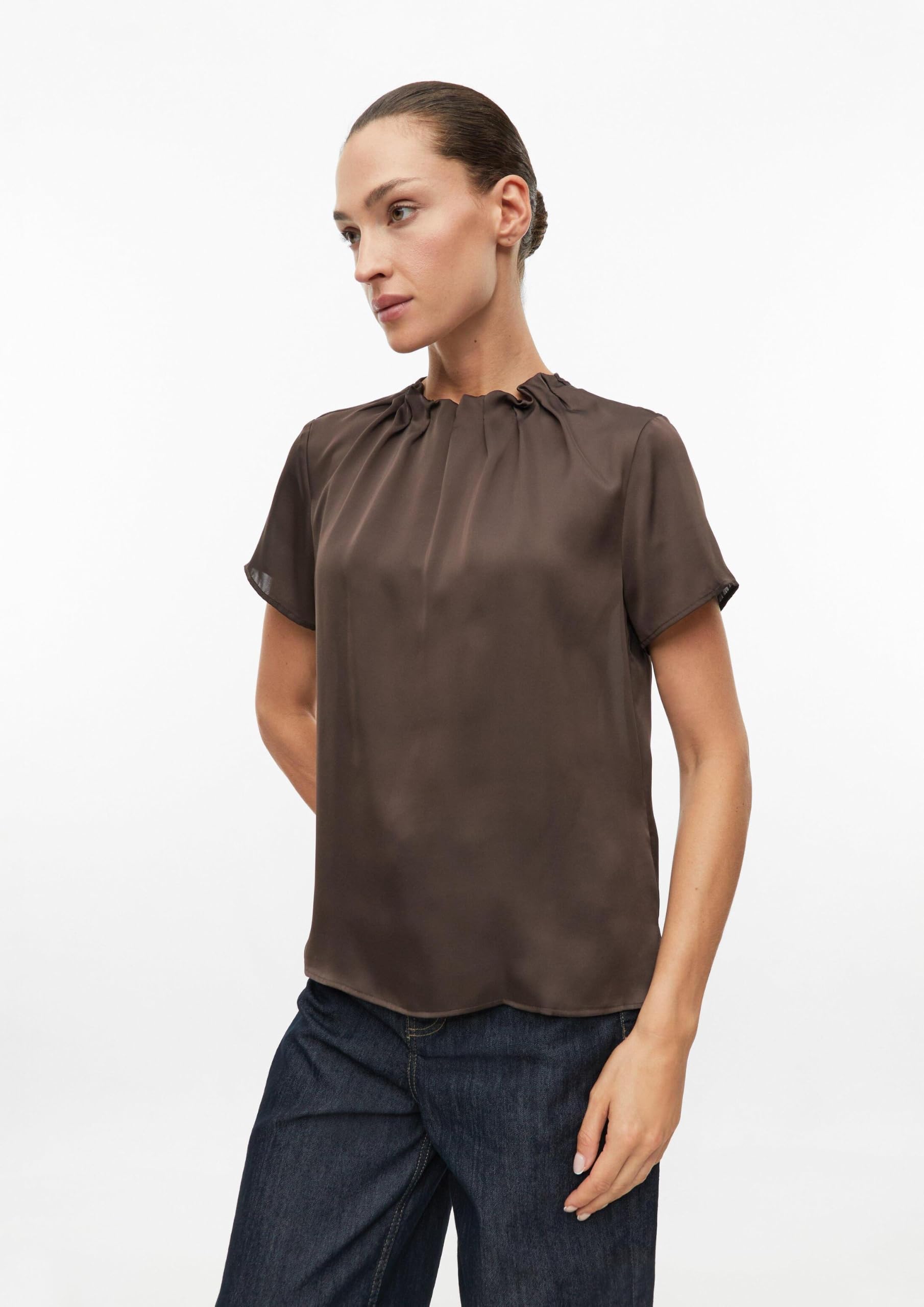s.Oliver Damen Bluse – Regular Fit, Satin, Faltenausschnitt, Knopfverschluss – Für Urlaub, Festlich & Business
