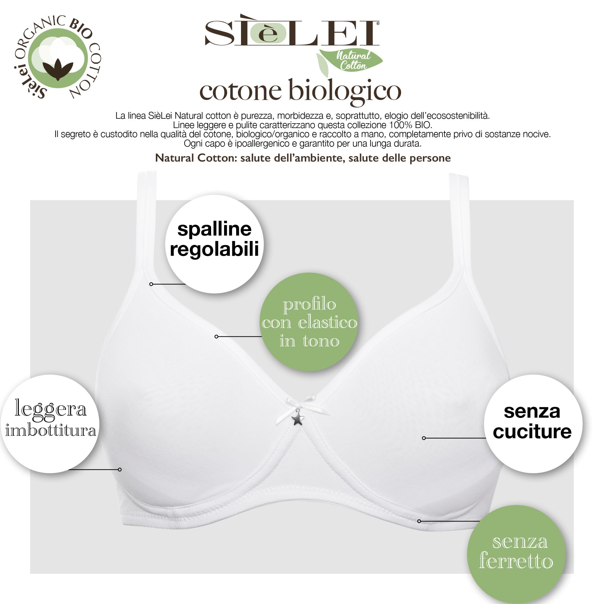 SÌèLEI, Reggiseno Semi-Imbottito Senza Ferretto, Realizzato in Cotone Biologico, 100% Naturale, Designed in Italy