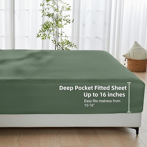 Miniatura 6 de GOKOTTA Sábana bajera ajustable de bambú de 16 pulgadas, sábana inferior súper suave y refrescante con 4 correas elásticas en las esquinas (verde,