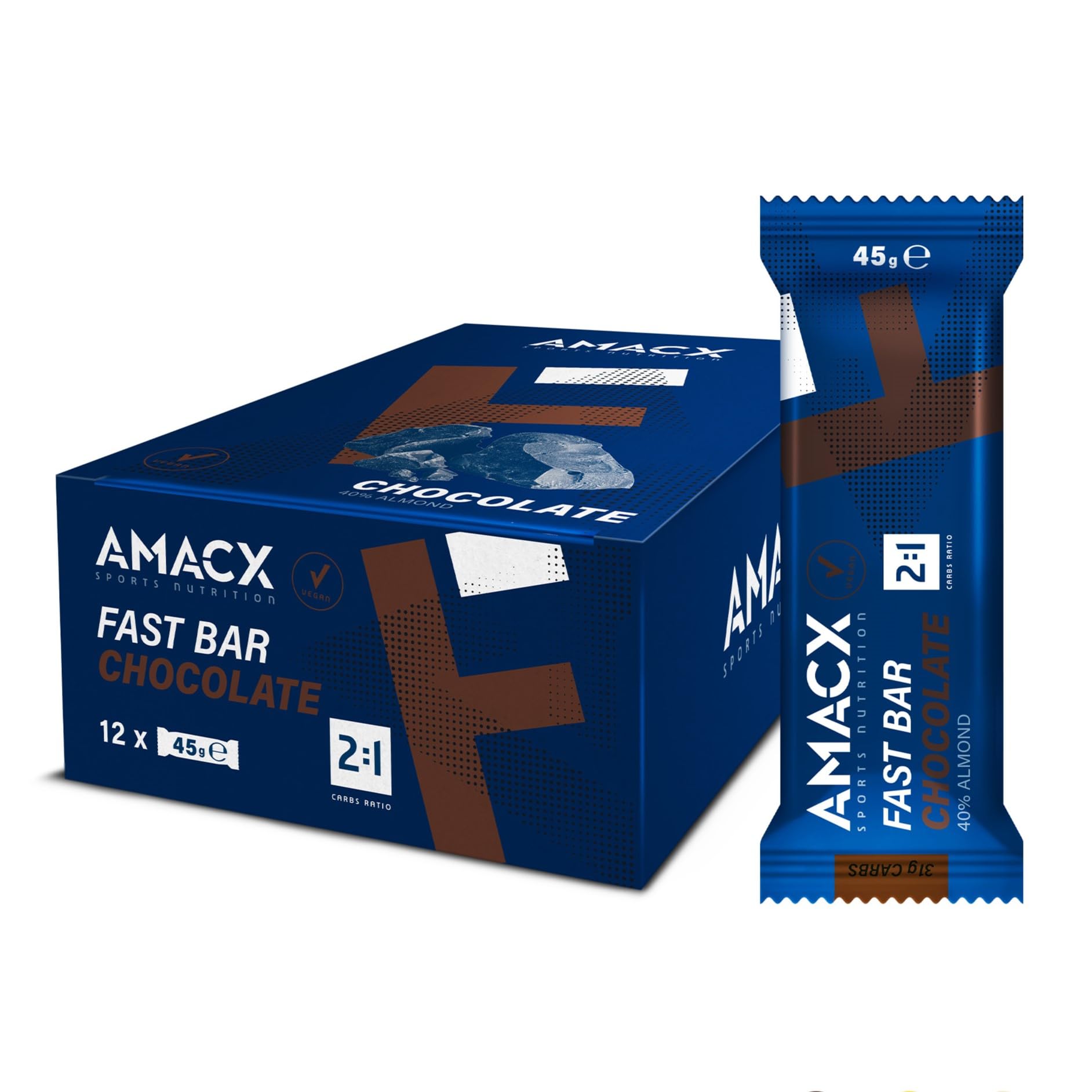 AMACX Energy Fast Bar con 40% di Mandorle con Proteine – Barrette Vegane – Confezione da 12 – Barrette Energetiche Ciclismo e Corsa – Barretta Proteica con Carboidrati 2:1 – Cioccolato