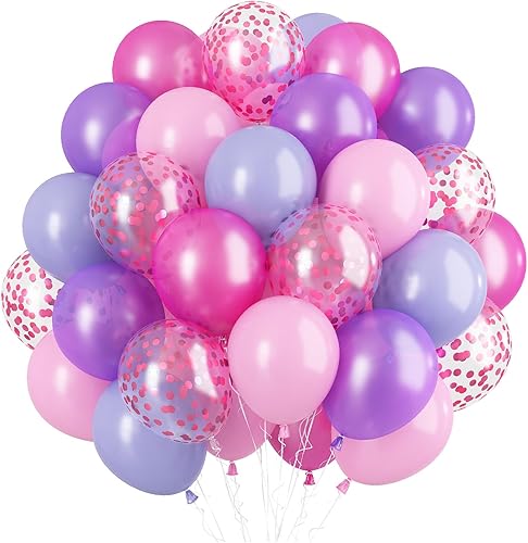 Globos de color rosa y morado, 60 paquetes de globos de látex rosa de 12 pulgadas, globos de helio para niñas, baby shower, fiesta de princesa