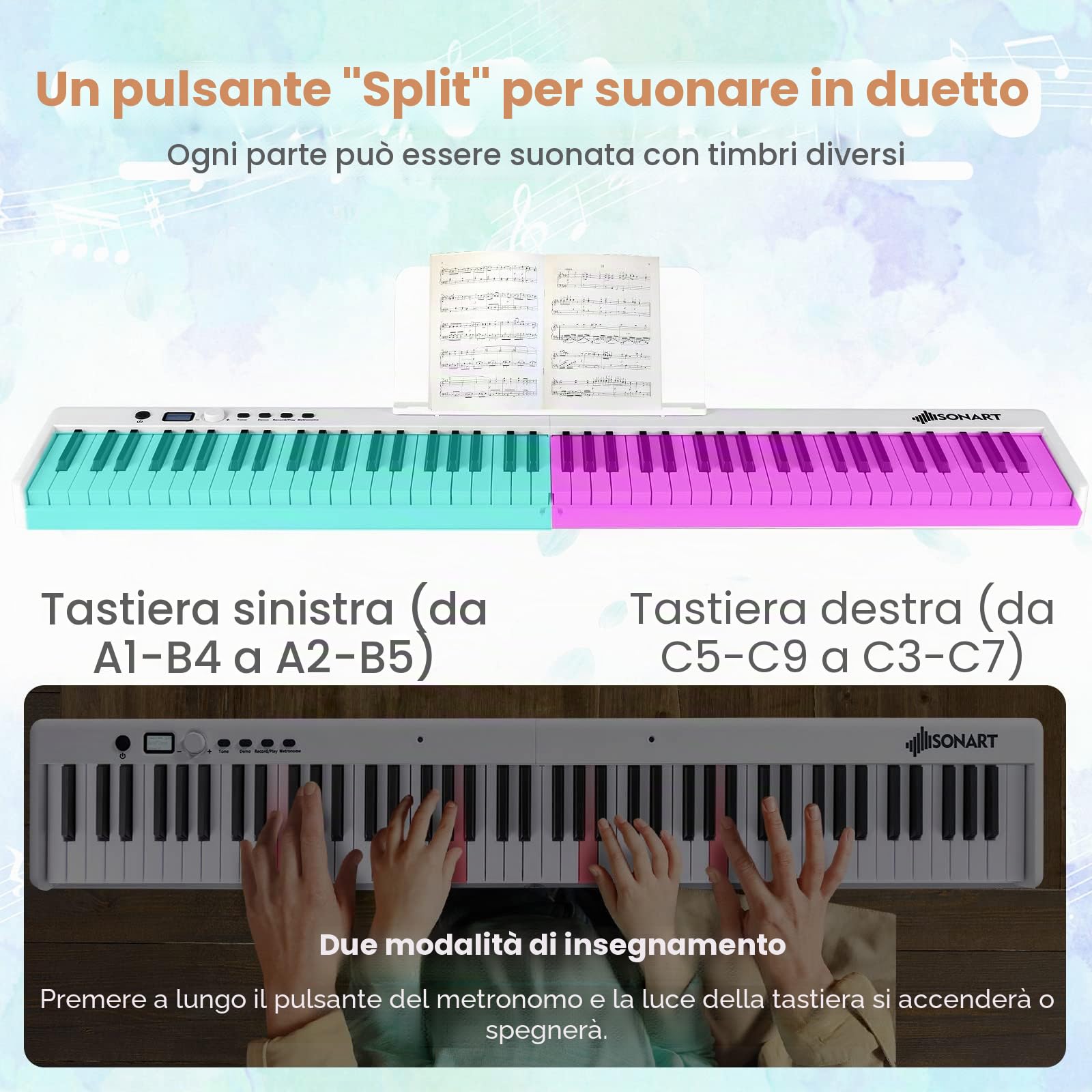 RELAX4LIFE Pianoforte Digitale Portatile con 88/61 Tasti Illuminati, Custodia, Leggio, Modalità di Insegnamento,MP3/USB/MIDI/Bluetooth (88 TASTI, MODELLO 1-BIANCO)