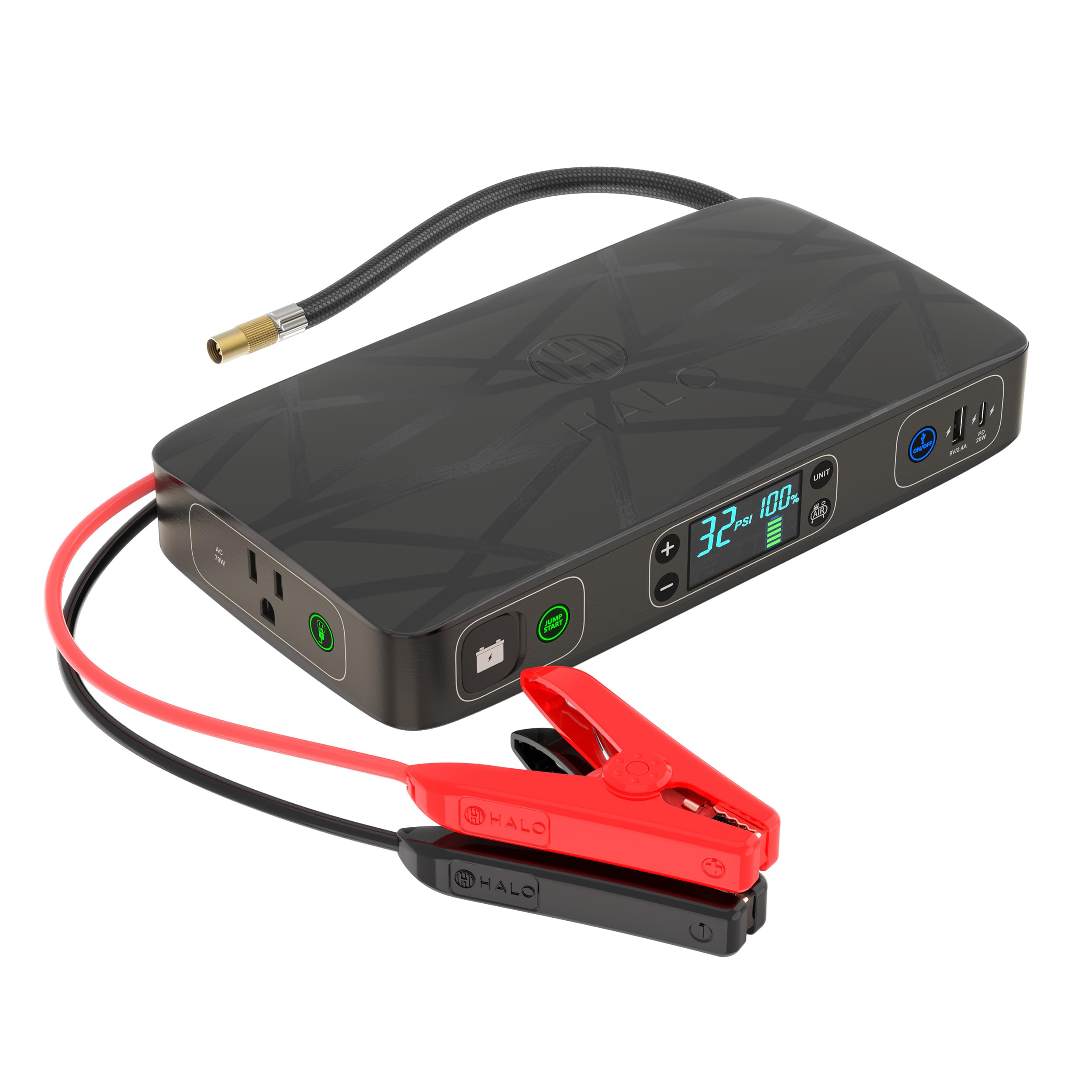 HALO Bolt Ultimate 2 Portable Car Battery Jump Starter | 130 PSI Air Compressor, 55.5Wh USB Power Bank with AC Outlet, Emergency Floodlight & Charger, Jumps Cars SUVs & Trucks, Inflates Tires — Black