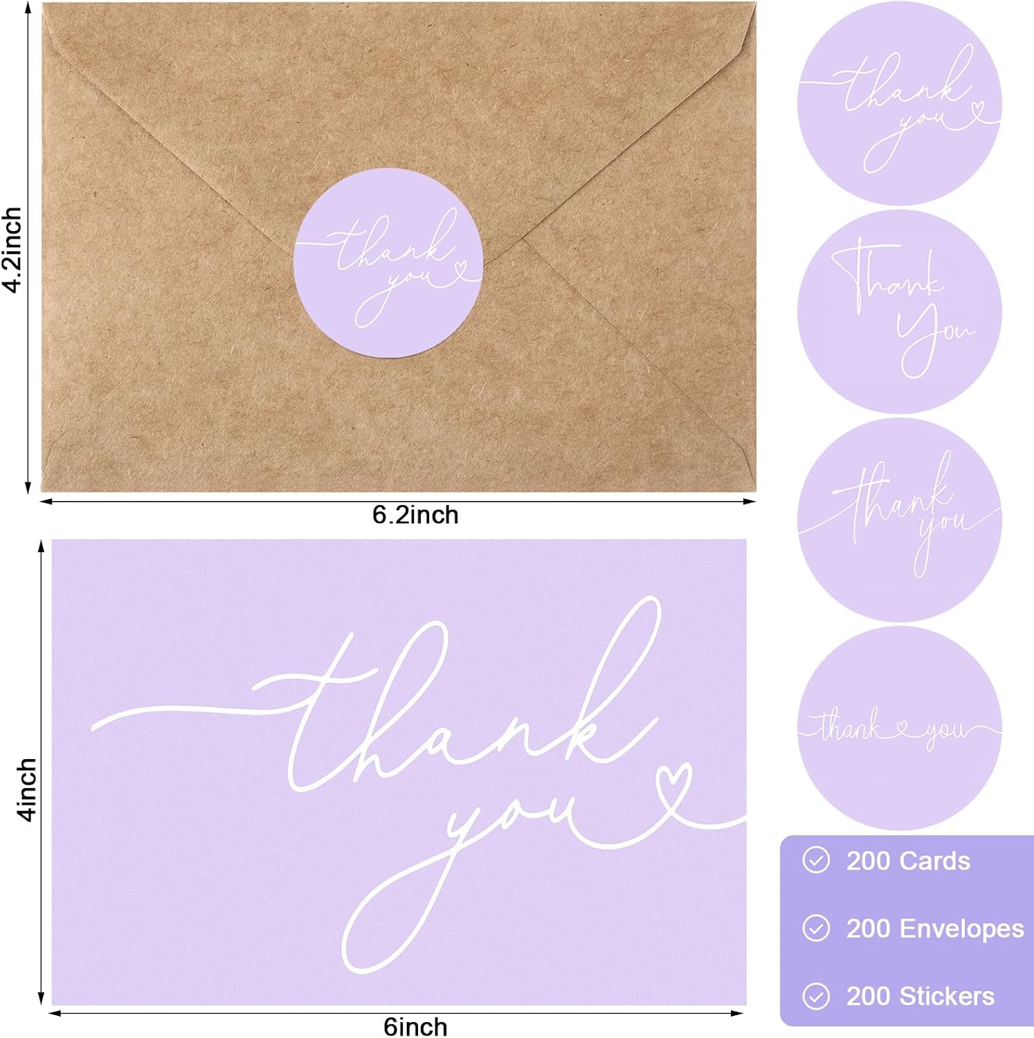 Teling 200 Set Thank You Cards with Envelopes Bulk, 6 x 4 Inch Blank Thank U Greeting Notes with Brown Kraft Envelopes Stickers Thankyou Card Set for Graduation Wedding Birthday Baby Shower(Purple)