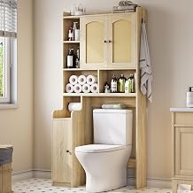 Itaar Over The Toilet Storage Cabinet, Farmhouse Rattan Bathroom Cabinet, Over Toilet Bathroom Organizer with Rattan Barn Doors & Toilet Paper Holder Stand, for Restroom, Laundry, Rattan Oak