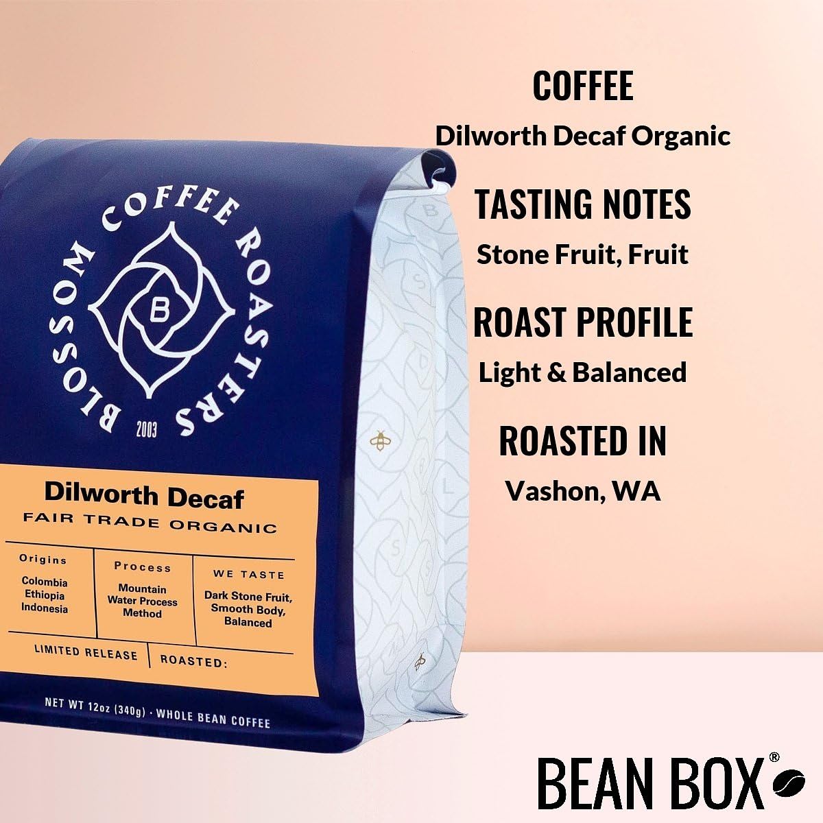 Dilworth Decaf Organic - Roasted by Blossom Coffee Roasters - Whole Bean Coffee - 5 Pound Bag