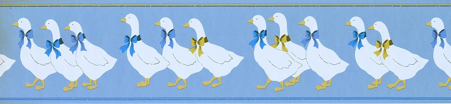 CONCORD WALLCOVERINGS ™ Wallpaper Border Birds Pattern Gooses with Bows for Farmhouse, Blue White Brown Jasmine, 5.25 Inches by 15 Feet BT77711