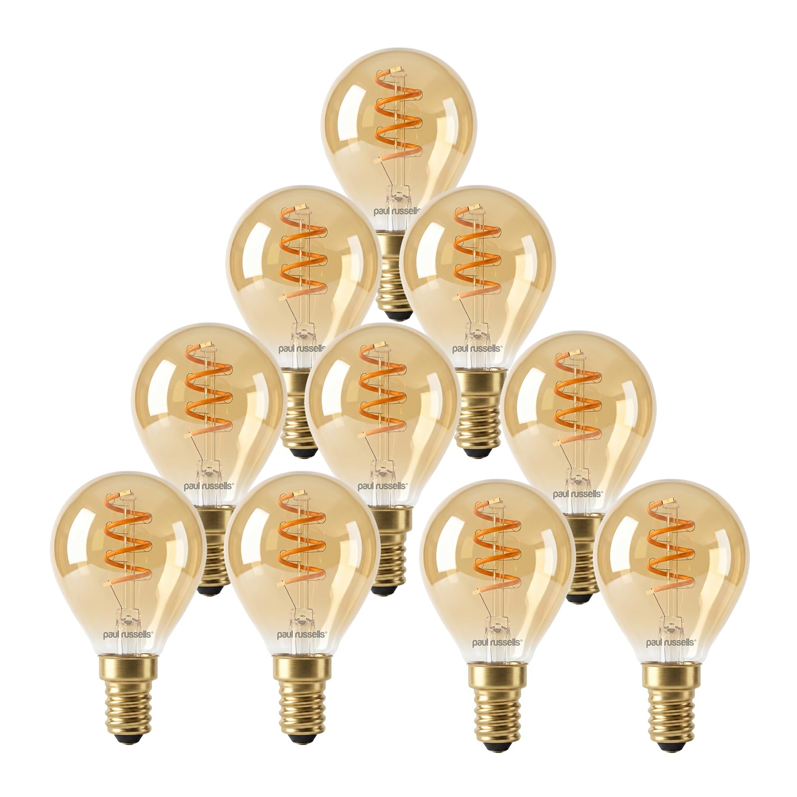 paul russells Dimmable Spiral LED Filament Small Edison Screw Golf Ball Bulb, E14 2.5W (15W Equivalent) - 135LM, 1800K Extra Warm SES Amber Light, G45 Decorative Vintage Lamp – Pack of 10