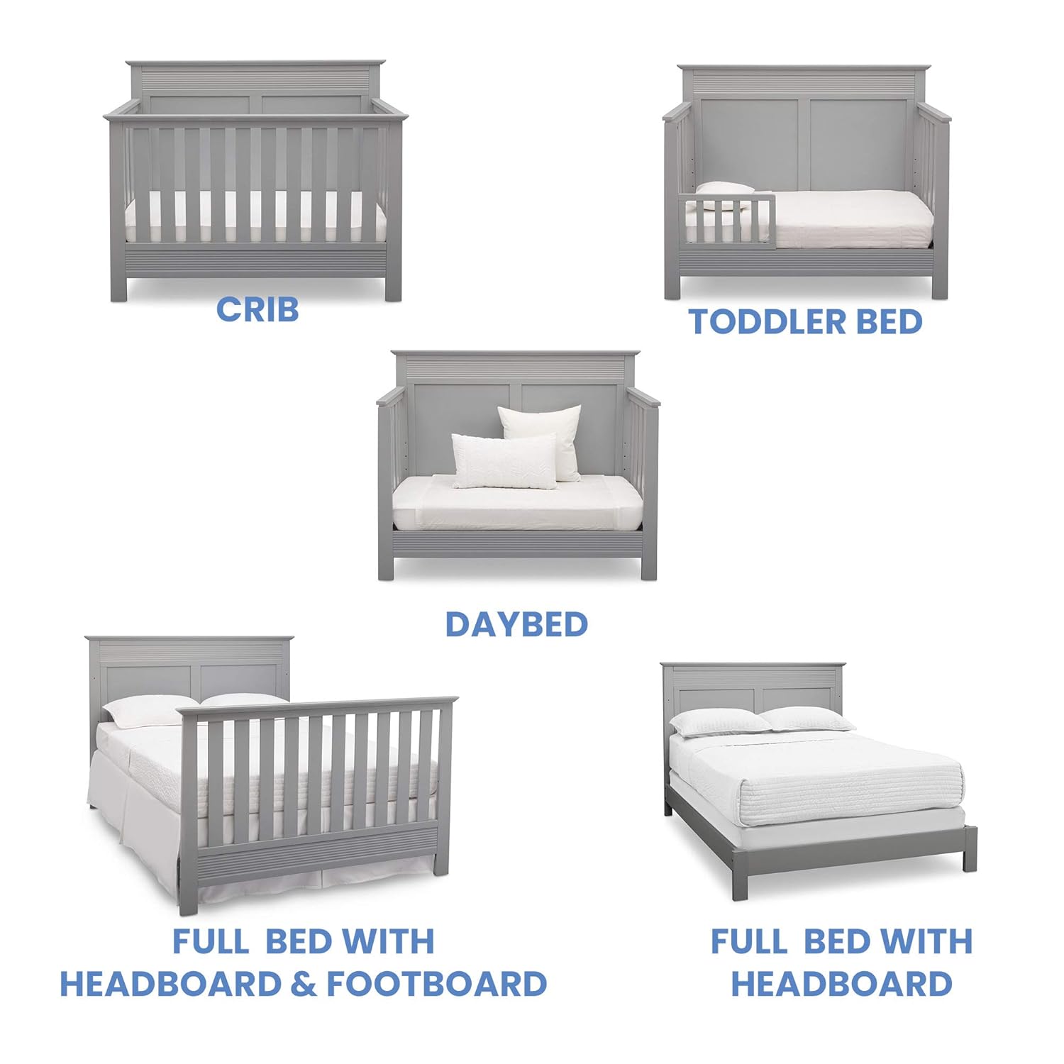Image showing the Serta Fall River crib in its four convertible stages: crib, toddler bed, daybed, and full bed with headboard and footboard, and full bed with headboard only.
