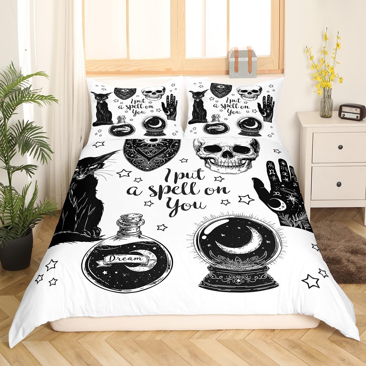 Mysterious Cat Duvet Cover Set Queen Size Gothic Skeleton Hand Bedding Set for Kids Girls Boys Teens Boho Constellation Comforter Cover Magical Potion Quilt Cover,2 Pillowcases(NO Comforter)