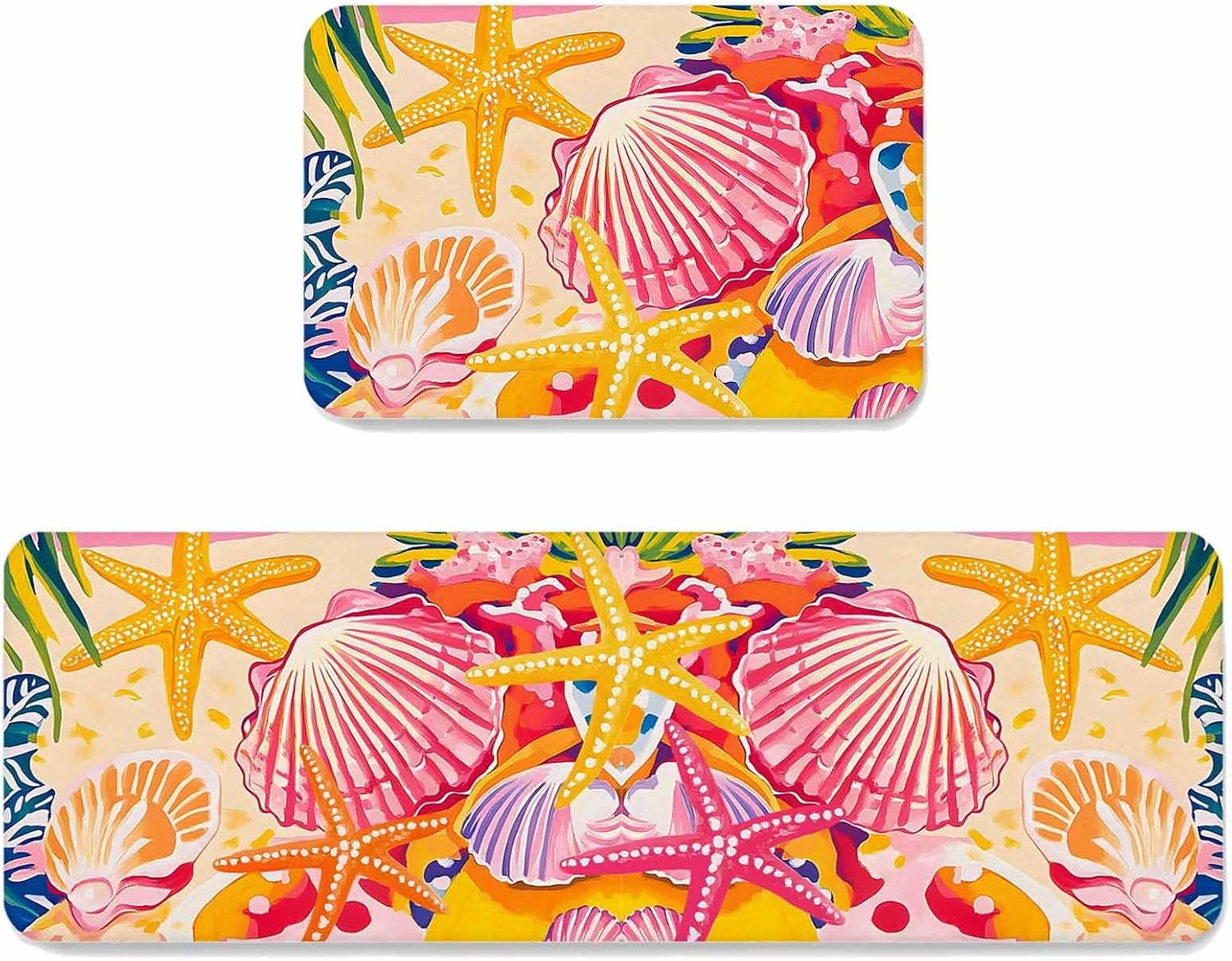 Coastal Summer Kitchen Mat Set 2 Pieces Yellow Starfish Pink Shell Watercolor Beach Abstract Non Slip Kitchen Rugs Washable Runner Rug Mats for Floor Sink Laundry Office 19.7" x 31.5"+19.7" x 47.2"