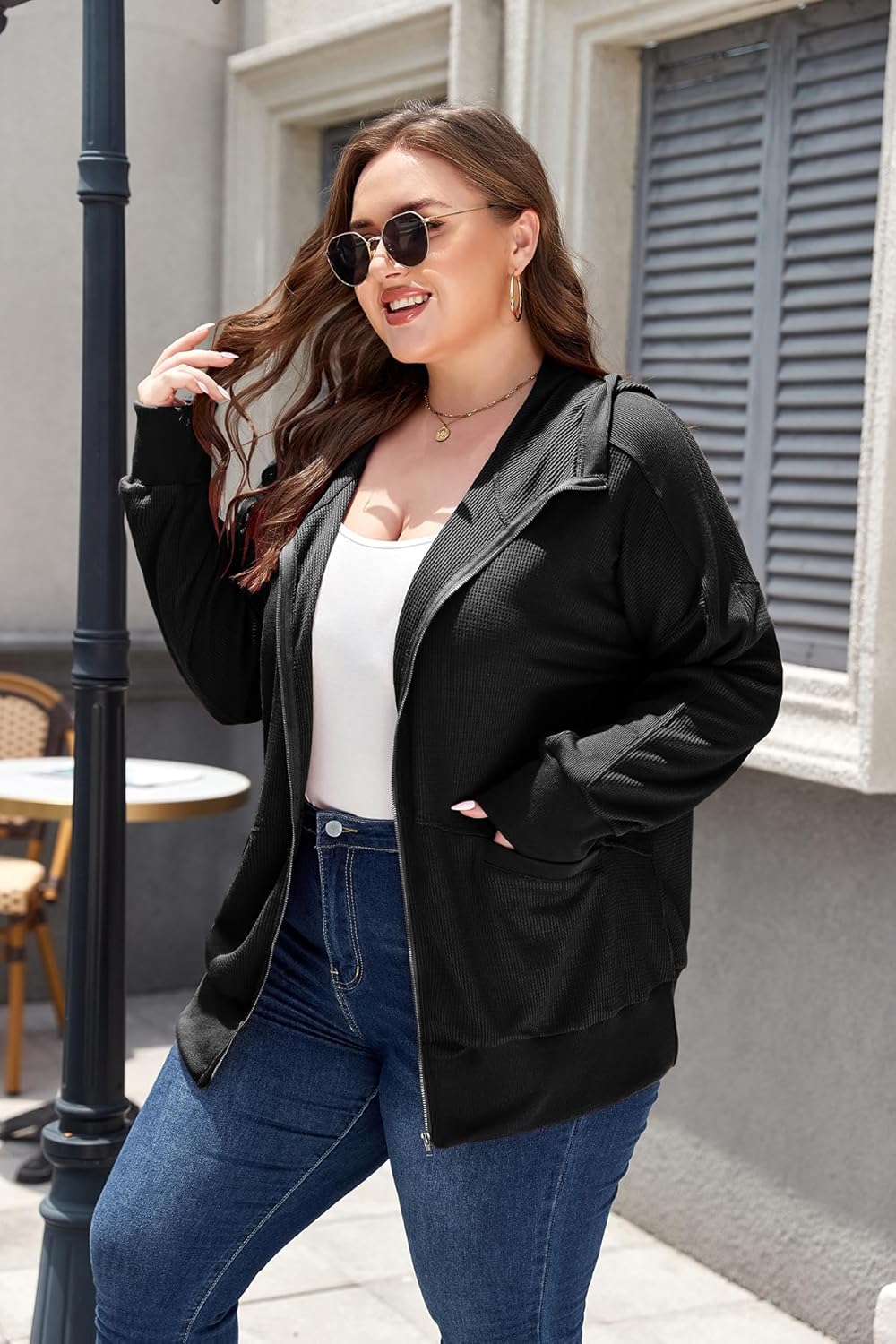 Womens Plus Size Hoodies Long Sleeve Zip Up Sweatshirt Lightweight Waffle Knit Jacket Outwear - Image 5