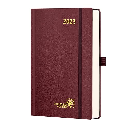 POPRUN Diary 2023 Page A Day Hardback -21.5 x 14.5 cm 2023 Daily Planner Day per Page with FSC® Certified Paper - A5 Diary 2023 Day to Page, Inner Pocket - Burgundy