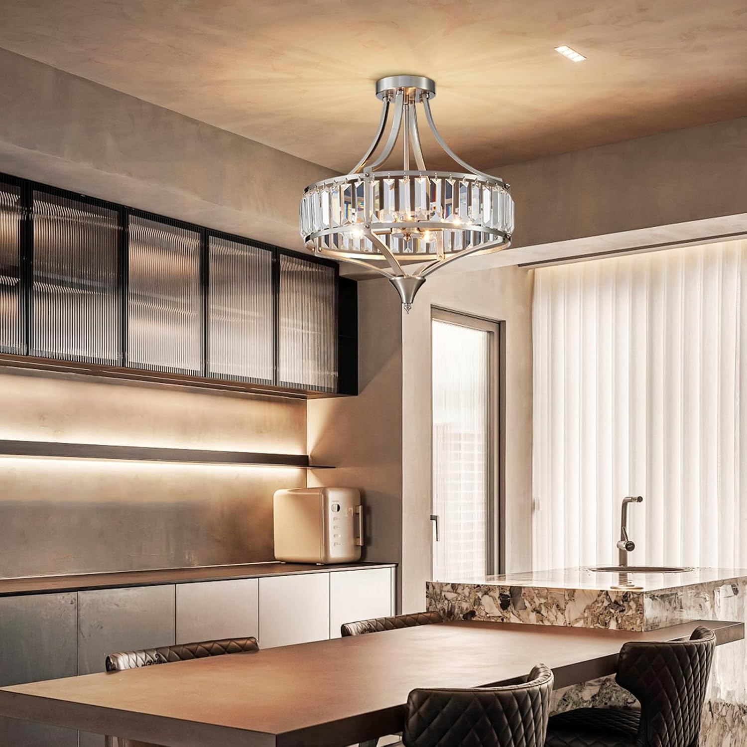 Modern Nickel Chandelier 4-Light Crystal Ceiling Light Fixtures 16 inches Flush Mount Lamp Suit for Living Room Kitchen Island Dining Room Foyer