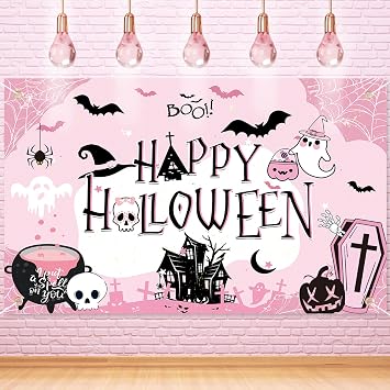 DPKOW Pink Halloween Backdrop Banner, Extra Large Birthday Party Decorations, Black Pink Halloween Decorations Background for Baby Shower, 70.8x43.3in