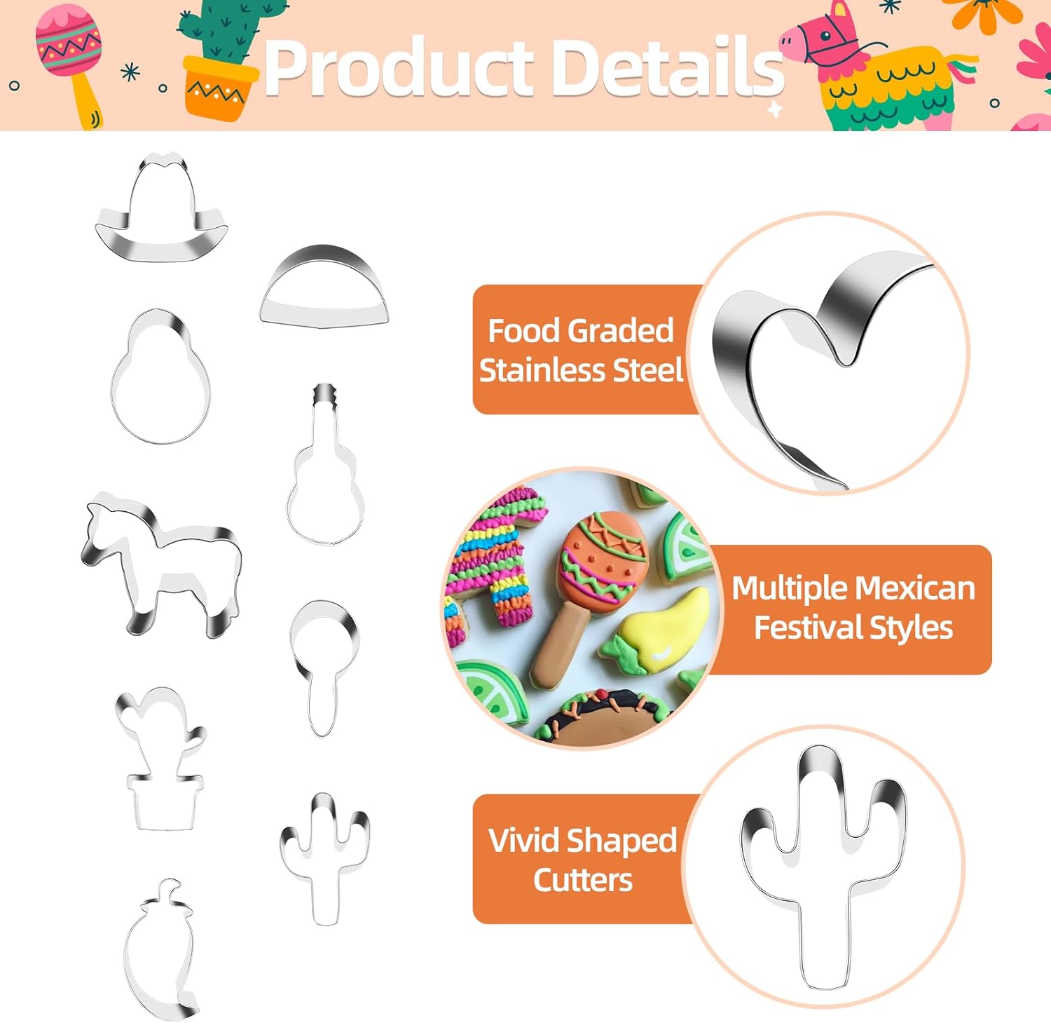 9 Pieces Cinco de Mayo Cookie Cutters Set, Regular Stainless Steel Mexican Fiesta Pinata Cookies Cutter includes Cactus Pepper Taco Avocado Sombrero Maraca Llama Guitar Baking Mold Decorations
