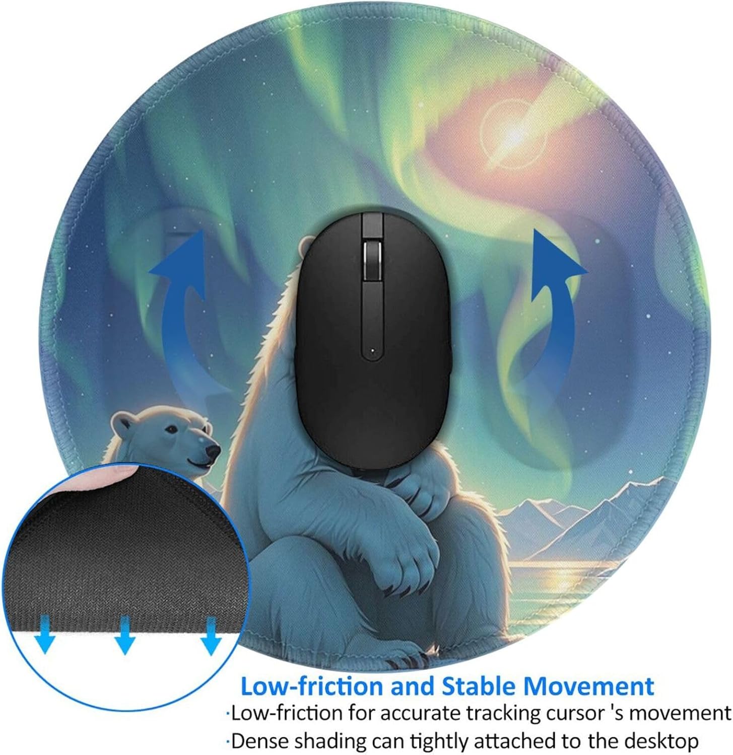 Polar Bears & Northern Lights Round Mousepad 8 Inch Waterproof Non-Slip Mousemat Funny Small Gaming Mousepad with Rubber Base and Stitched Edge Desk Decor Accessories for Home Office Work image 4