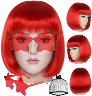 ANOGOL Hair Cap + (Sunglasses) Red Bob Wig with Bangs Womens Red Party Wigs with Star Shape Sunglasses Short Neon Wig Daily Party Outfit Fun Wigs Women Halloween Costume Night Club Bachelorette Hair