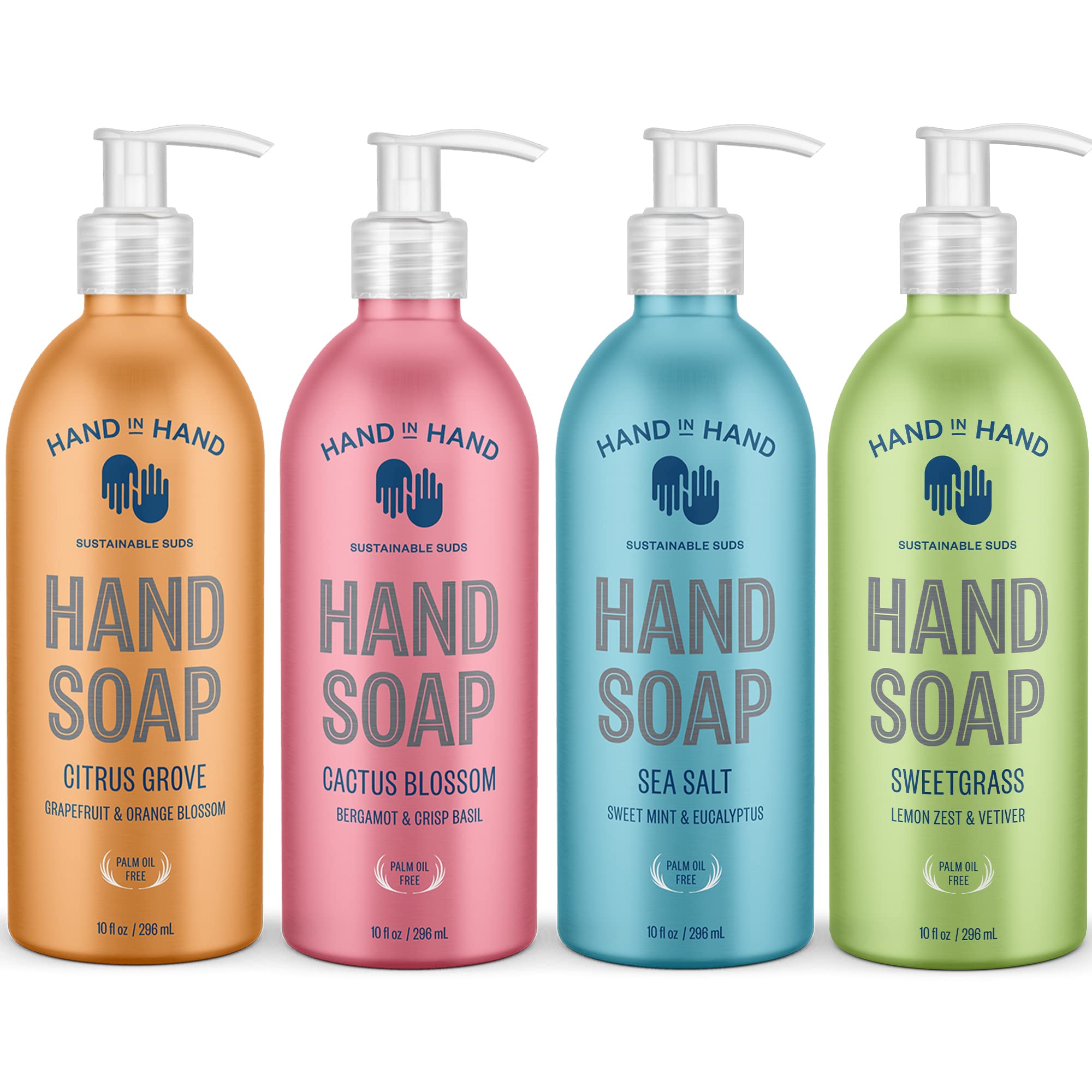 Hand in Hand Nourishing Liquid Hand Soap, 10 Fl Oz, Multi-Scented Pack Includes Citrus Grove, Cactus Blossom, Sea Salt & Sweetgrass Scent, 4 Pack