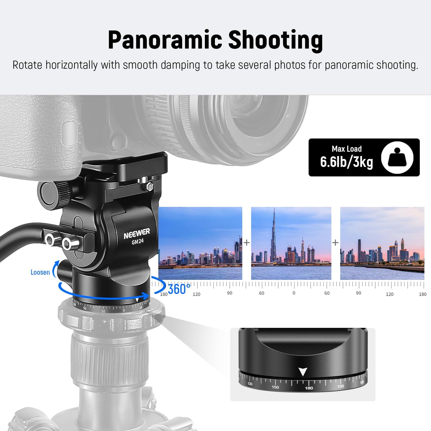 NEEWER Tripod Fluid Head with Quick Release Plate & Handle, Metal Pan Tilt Camera Tripod Mount Adapter Compatible with Arca Swiss for Compact Video Cameras DSLR, Load up to 6.6lbs, GM24 All Black