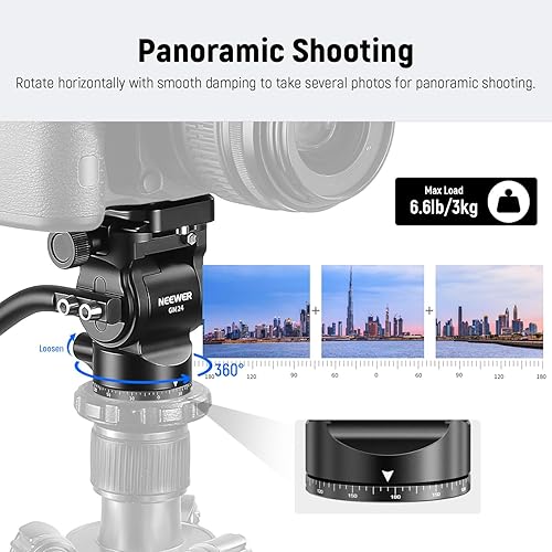 Miniatura 10 de NEEWER Cabezal de trípode fluido con mango y tipo Arca de liberación rápida, cabeza inclinable panorámica de arrastre de aleación de aluminio
