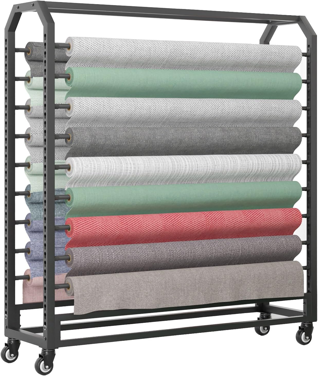 Large Fabric Storage Rack with Adjustable Rods & Lockable Wheels - Space-Saving Organizer for Vinyl Spool, Car Wraps, Tablecloths & More (16 Rods, 195cm)