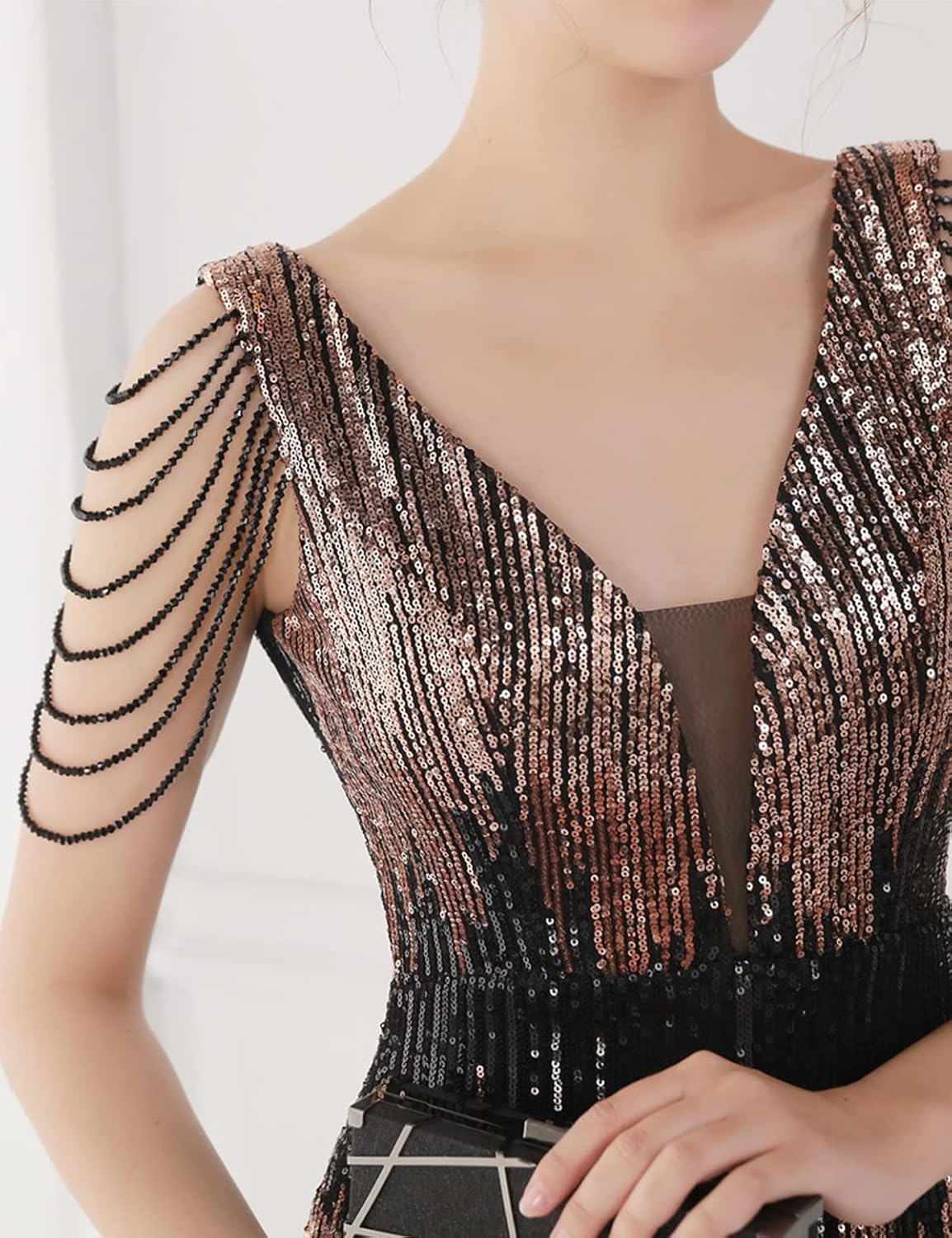 Women's V Neck Sequin Formal Evening Dress Tassel Bead Sleeve Mermaid Long Gown 1920S Party Maxi Military Dress