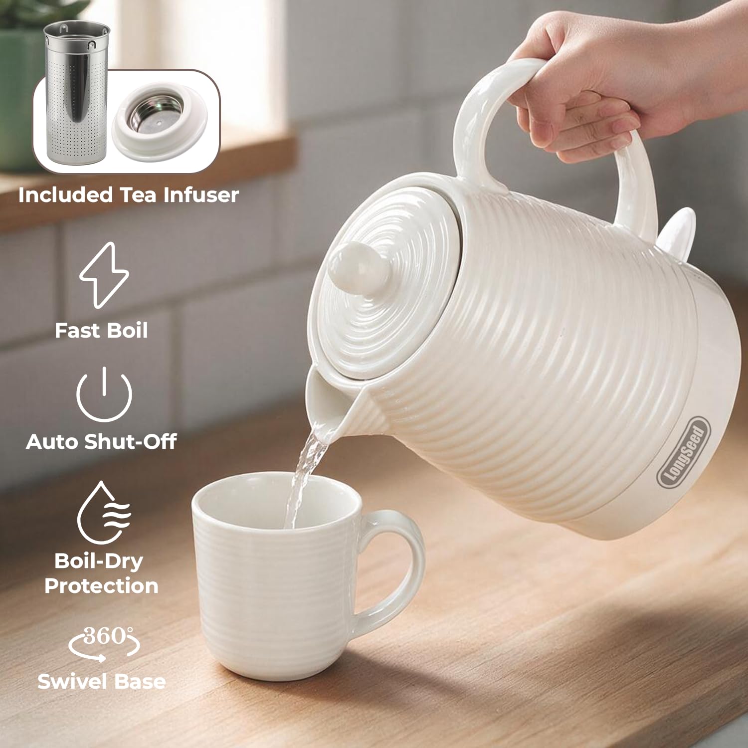 Set bollitore elettrico in ceramica, con infusore e tazze (bianco)