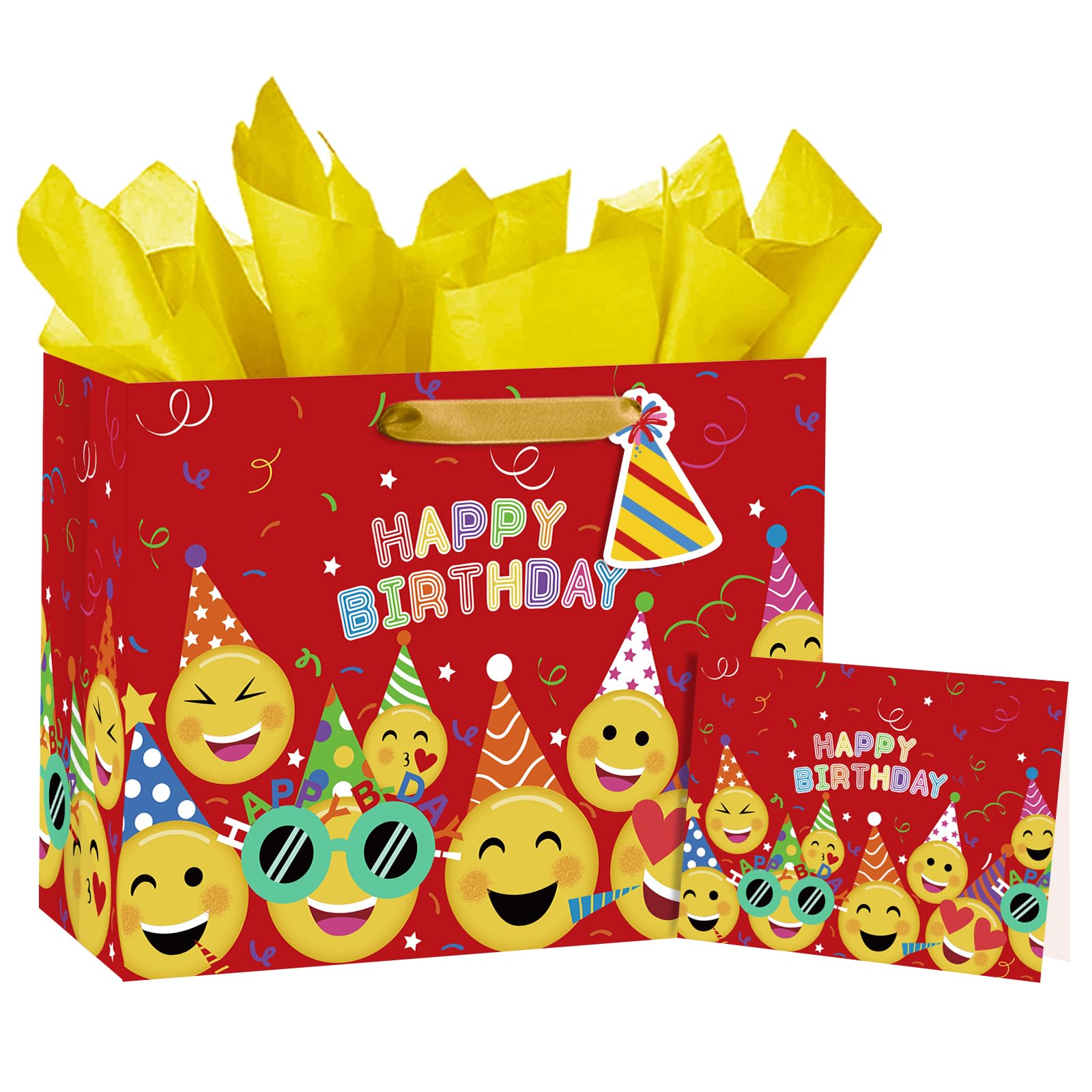 Loveinside 13" Large Emoji Birthday Gift Bag - Red Fun Smile Face Theme with Tissue Paper Card Tag - 13"x5"x10" 1 Pc for Kids Boys Birthday Presents Party Favor