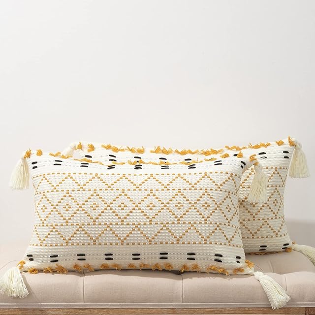 hi-home Zestaw 2 poszewek na poduszki w stylu boho, 30 x 50 cm, żółte, dekoracyjne, na sofę, z frędzlami, nowoczesne, dekoracyjne poszewki na poduszkę na sofę, do sypialni, salonu