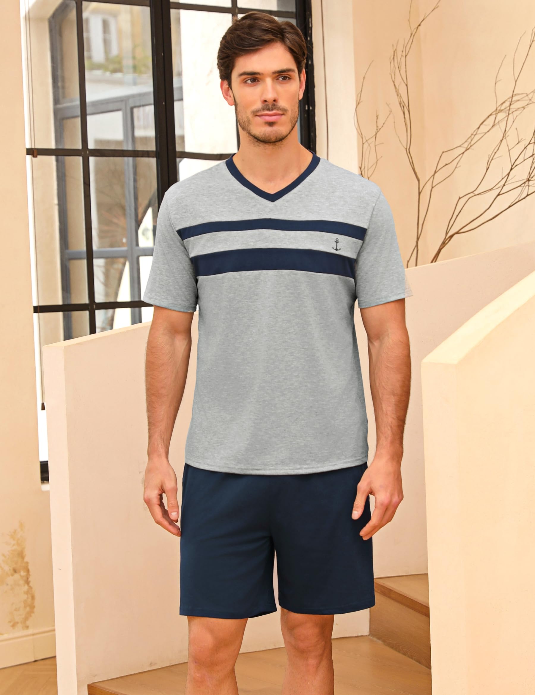 Camiseta y Pantalones Cortos Algodón Manga Corta Cuello en V Hombre S-3XL