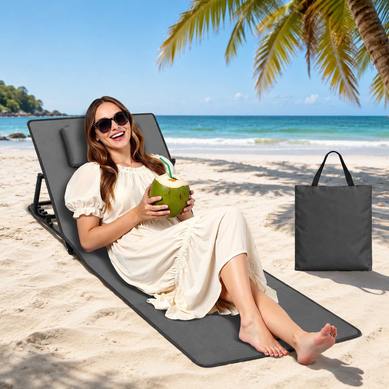 Mata plażowa z oparciem 145 cm, leżak plażowy składany, lekki, szerokość leżenia 47 cm, 1,4 kg, z poduszką i torbą do noszenia, na plażę, do ogrodu, na kemping i basen, ciemnoszara