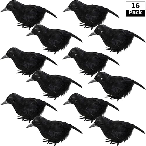 Miniatura 1 de Rcanedny Paquete de 16 cuervos negros de Halloween realistas cuervos emplumados hechos a mano para Halloween, fiesta al aire libre, suministros de