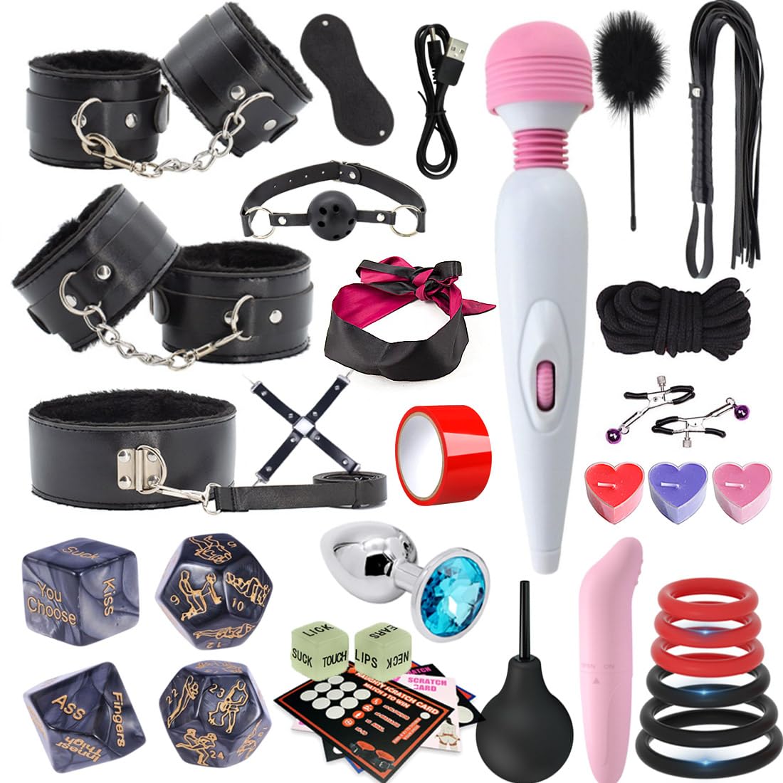 Kits de Bondage Restraints Erotique 35 Pièces Fetish Cuir SM Crazy Game avec Menottes et Plug Anal Grossier Parfait pour Couples Femme