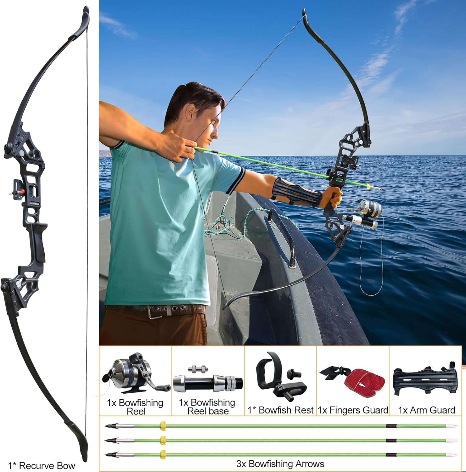 D&Q Bowfishing Bow 40lbs Bow and Arrow Set for Adults Beginner, Bow Fishing Combo Kit Bowfishing Reel Bowfishing Arrows for Fish, Recurve Bows for Adults Hunting Practice Shooting (Black 40lbs)