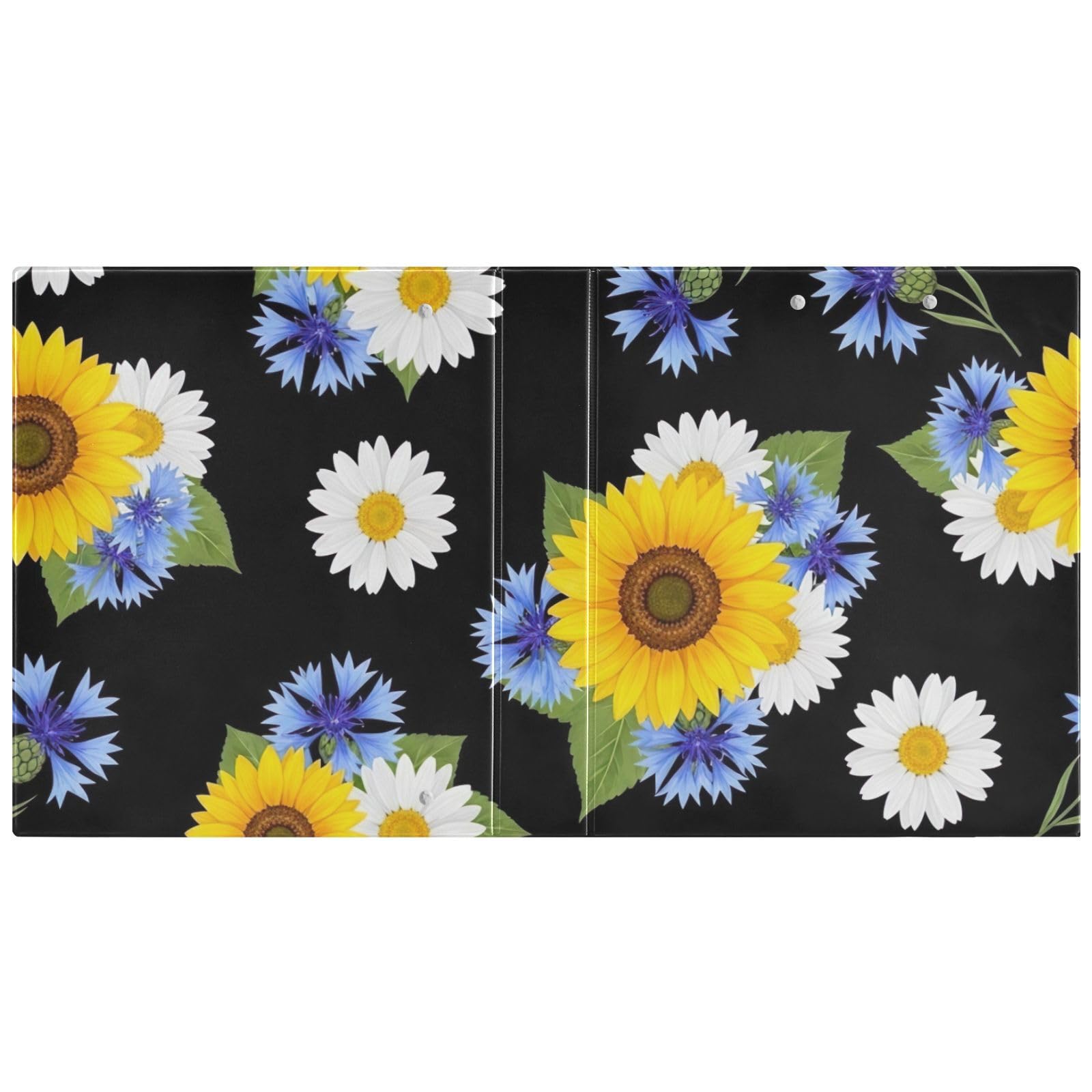 Sunflowers Black 3 Ring Binder 1.5 Inch, Flexible D Ring Binder with Pockets, 3 Ring Binders for School, College, Office, one sizex2