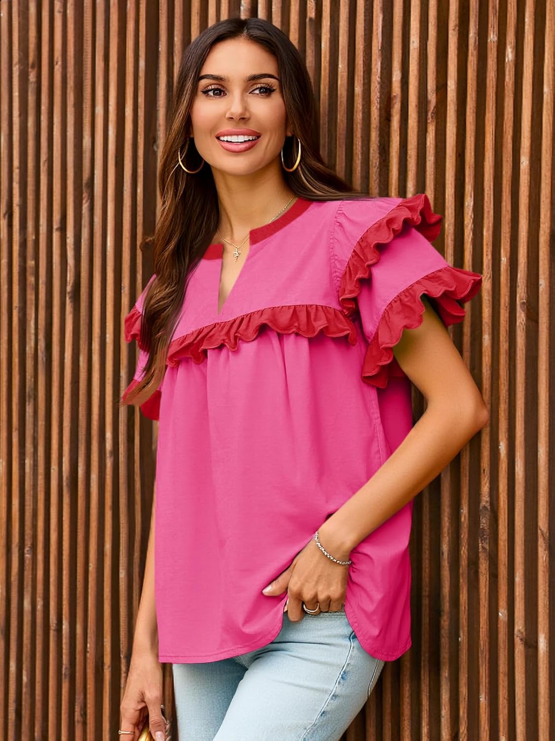 Tankaneo Womens Ruffle Sleeve Babydoll Tops Color Block Summer V Neck Pleated Blouse Dressy Casual Loose Fit Shirts - Image 4