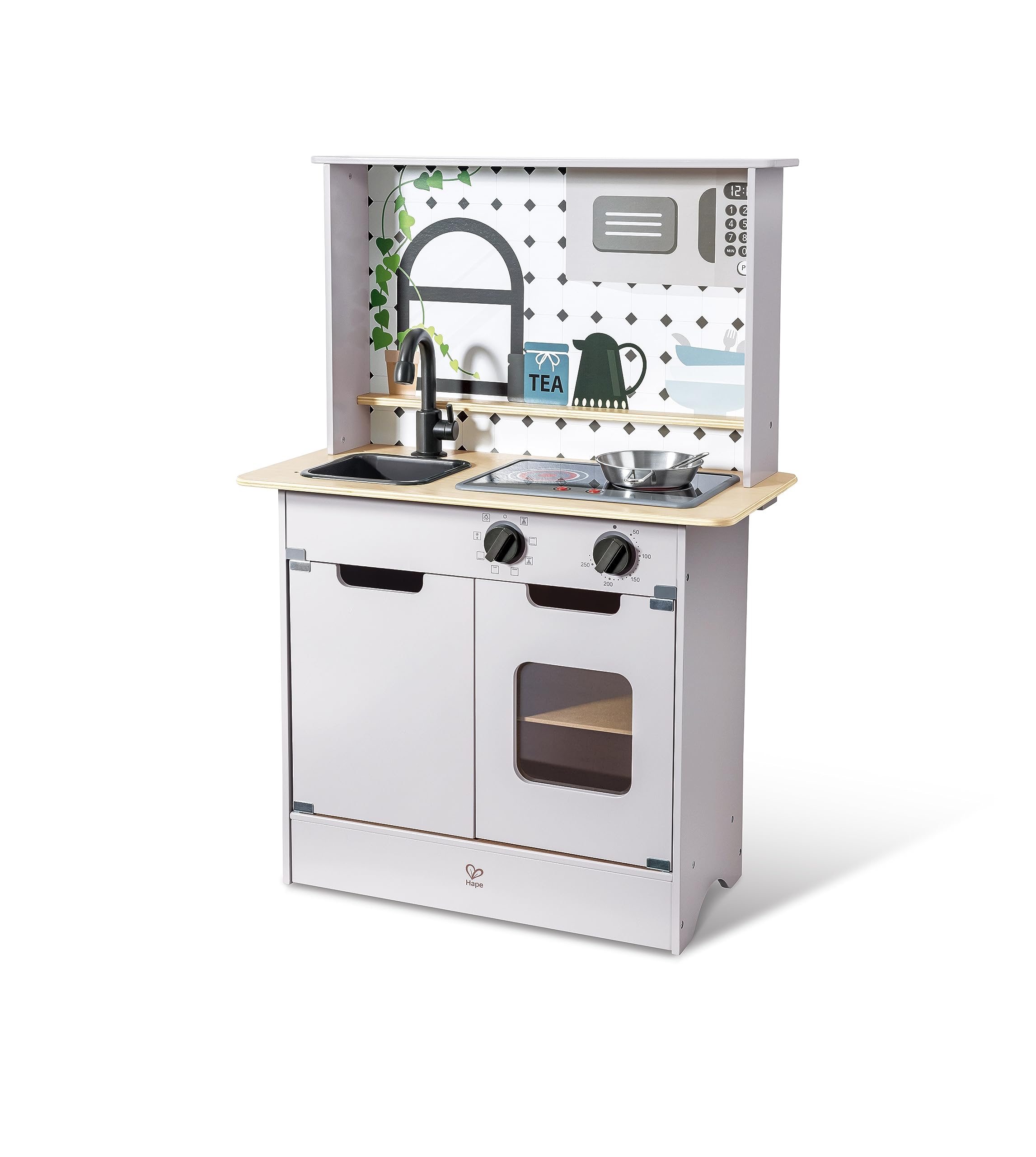HapeLight & Sound Kitchen Playset | Toddler Wooden Cooking Toy with Stainless Steel Accessories, Microwave, Sink, Light-Up Stove & Realistic Sounds, Role Play, Imagination & Creativity for Ages 3+