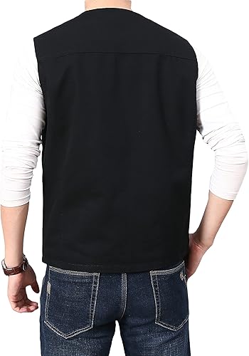 Vista 2 de PRIJOUHE Chaleco casual de algodón para hombre, ligero, transpirable, con múltiples bolsillos, para pesca, safari, viajes, para exteriores