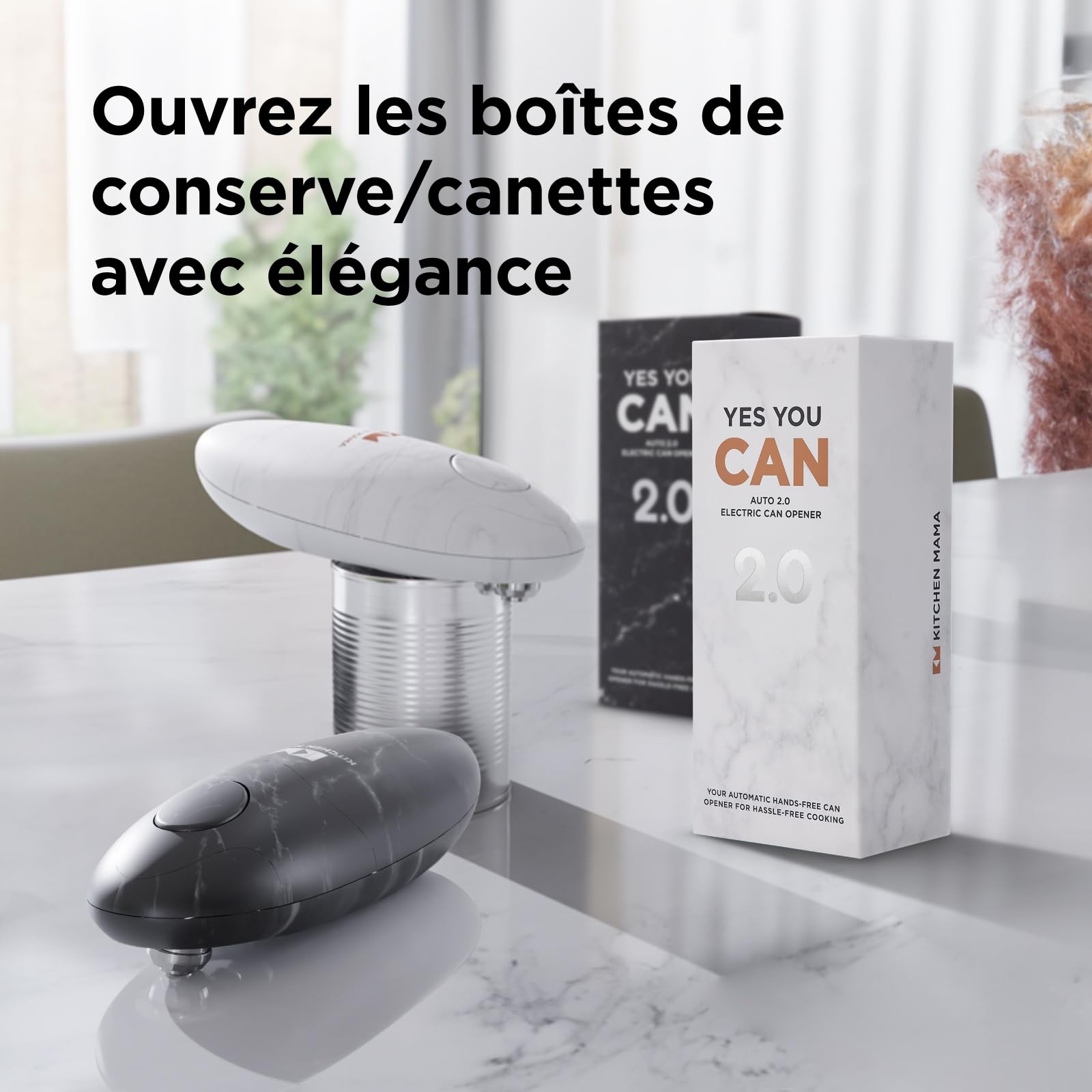 Kitchen Mama Auto 2.0 Ouvre-boîte électrique : la lame raffinée ouvre presque toutes les boîtes de conserve - automatique, mains libres, bord lisse, sans danger pour les aliments (Marbre noir)