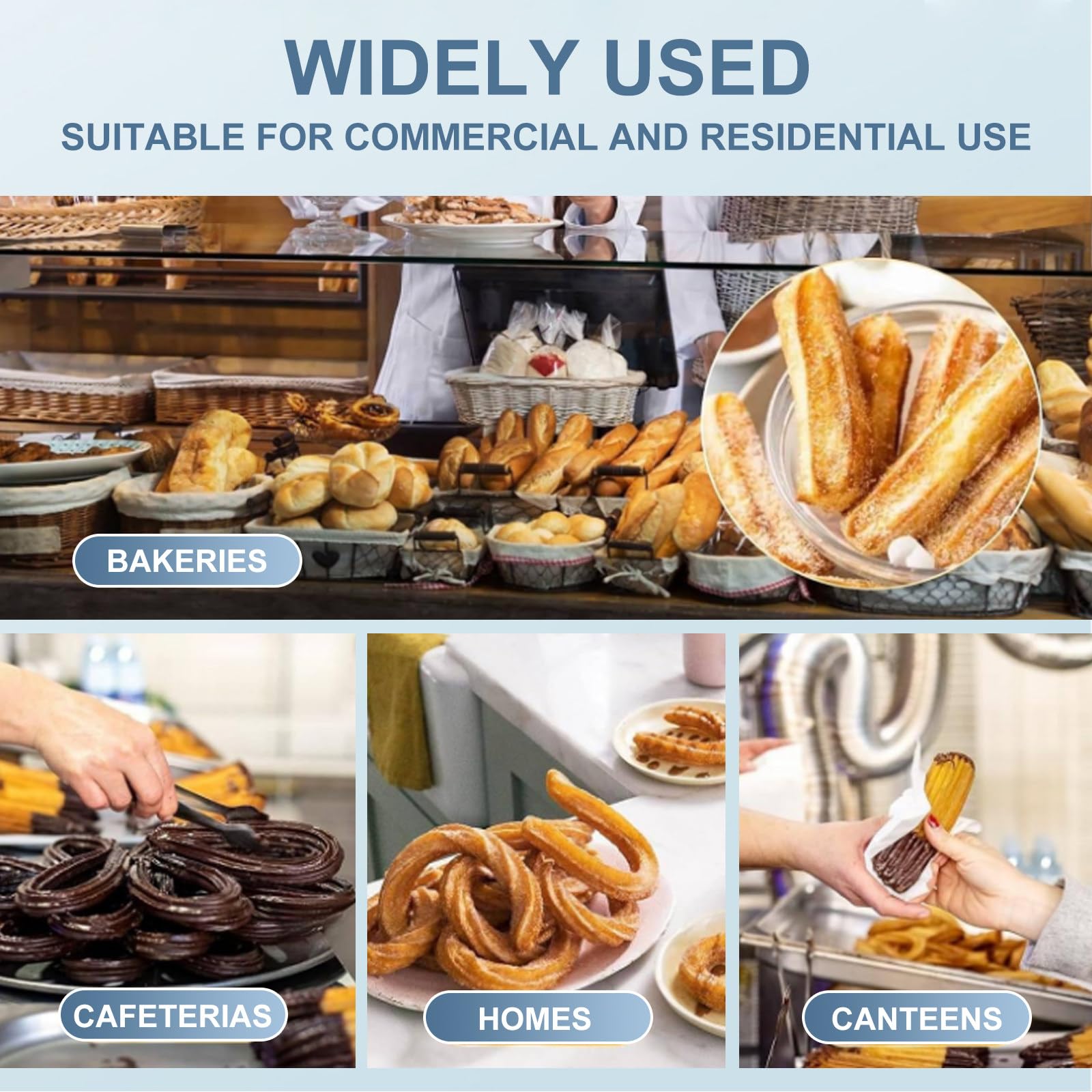 Produttore spagnolo di Churro per ristoranti e panifici, distributore manuale di impasto 3L, ideale per uso commerciale e domestico, design user-friendly, include 5 ugelli di forma, compatto ed effici