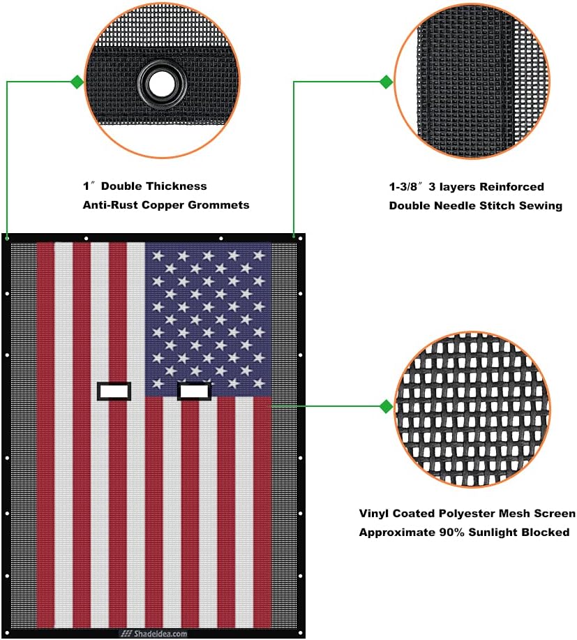Shadeidea JL Top Sunshade Compatible with Jeep Wrangler JLU Sun Shade Top 4 Door Roof Mesh Screen Cover 2018-2023, Wind Noise UV Blocker -10 Year Warranty - American Flag -Front&Rear
