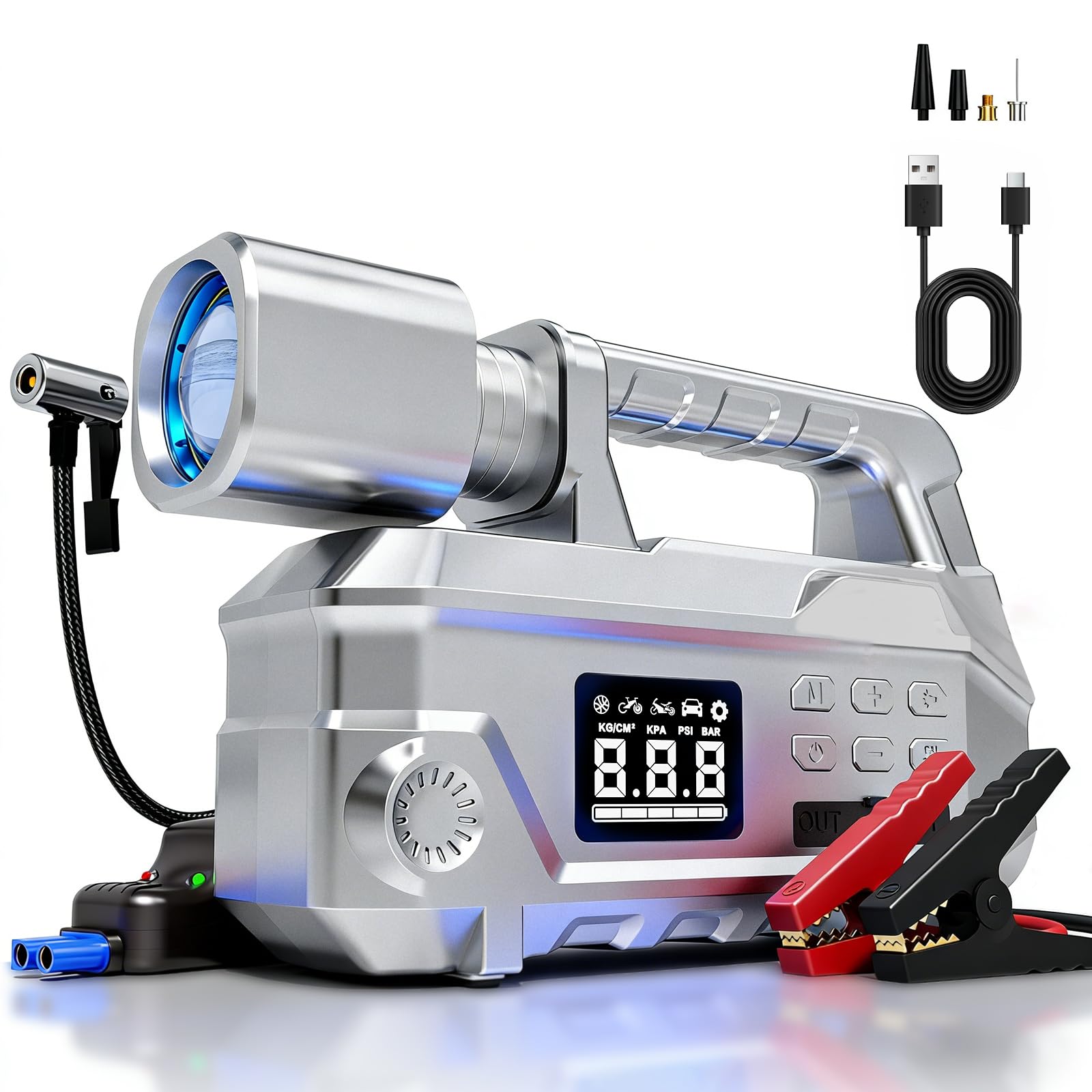 Car Jump Starter with Air Compressor 950LM LED Light 6000A 150PSI Peak Portable Jumper Pack 12V Jump Box