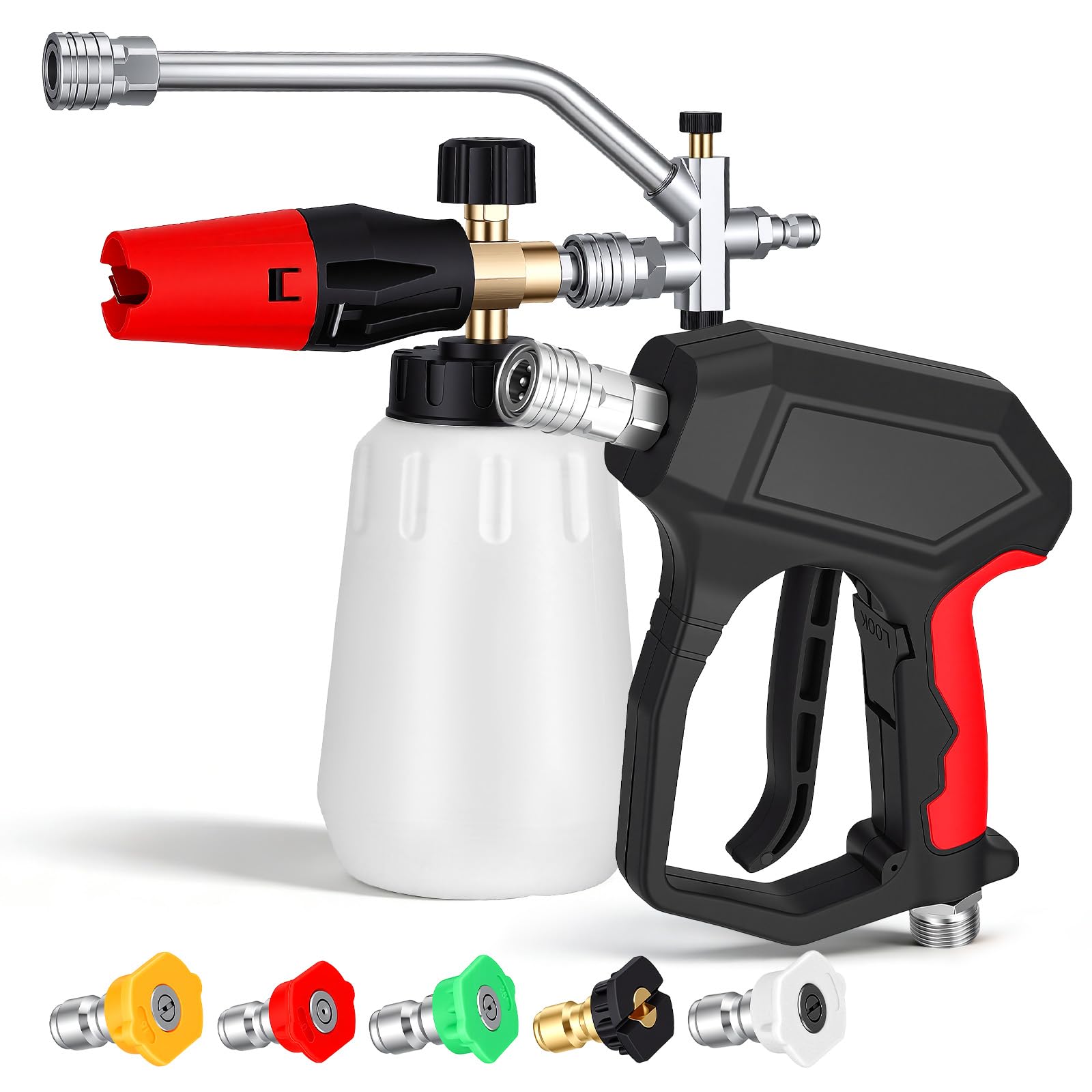 Delousiber Pressure Washer Gun with Foam Cannon, Dual Connector Accessory, 4000 PSI Foam Cannon for Pressure Washer with 5 Nozzles, 1/4 Inch Quick Release Snow Lance Gun, 1L Bottle, for Car Washing