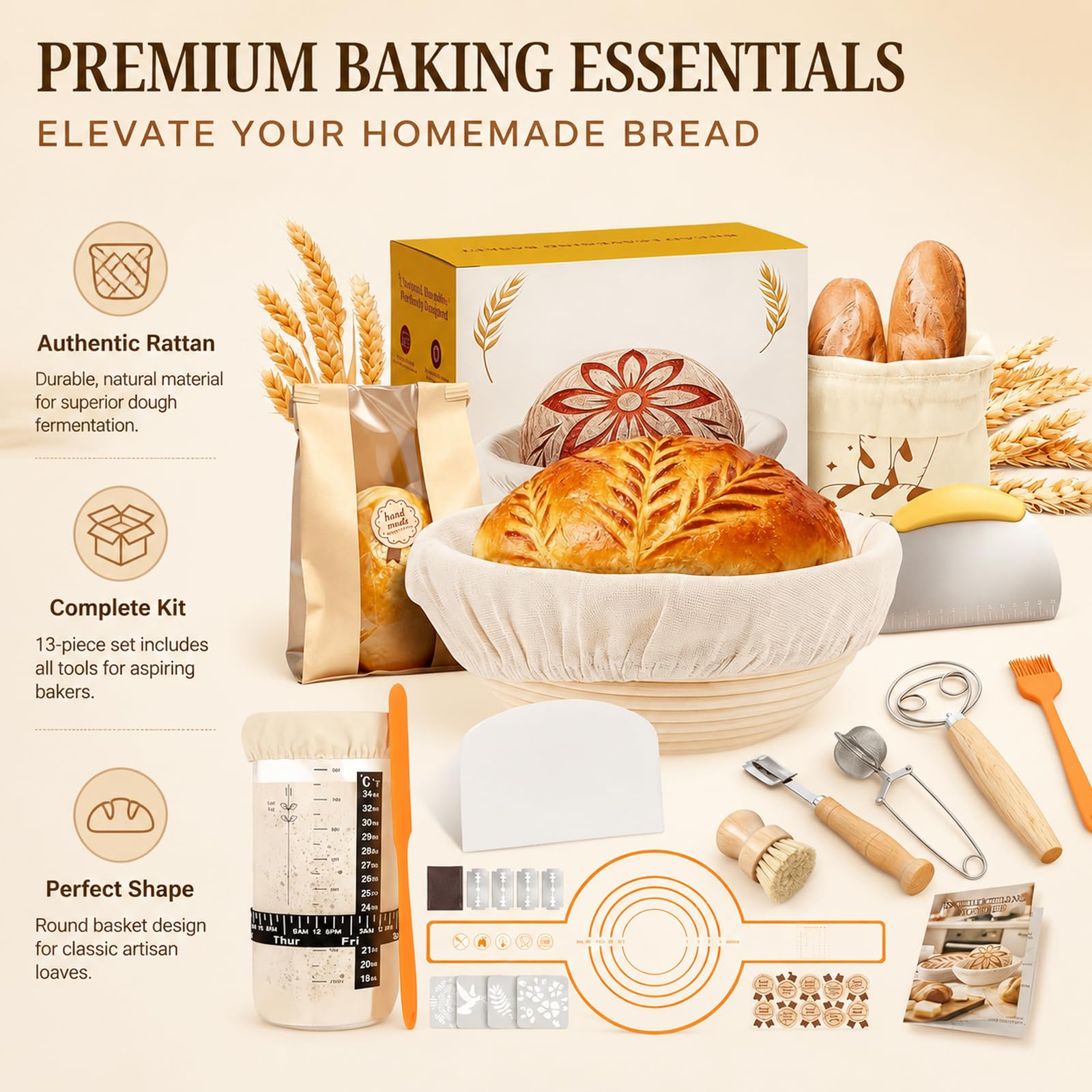 Carehabi Set de cesta de fermentación XXL y juego de iniciación de masa madre – 2 cestas de fermentación (redondas 23 cm y ovaladas de 25 cm), cristal de fermentación con termómetro, raspador de masa