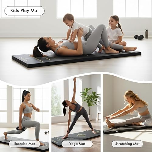 Miniatura 8 de Mikolo Alfombrilla de ejercicio de triple pliegue, 2 pulgadas de grosor con asas de transporte, 6 x 2 pies, antidesgarros, portátil, de alta