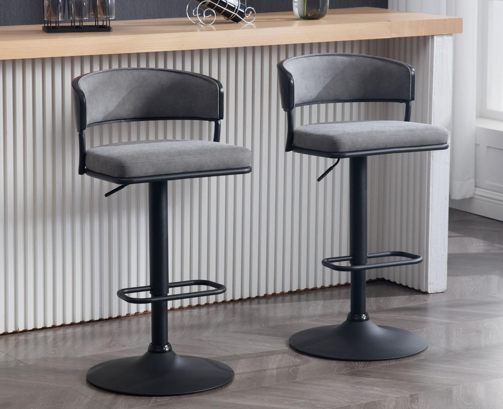 ROCITY Adjustable Modern Bar Stools Set of 2 Faux Leather Barstools Swivel Counter Height Bar stools with Curved Back/Black Metal Base Comfy
